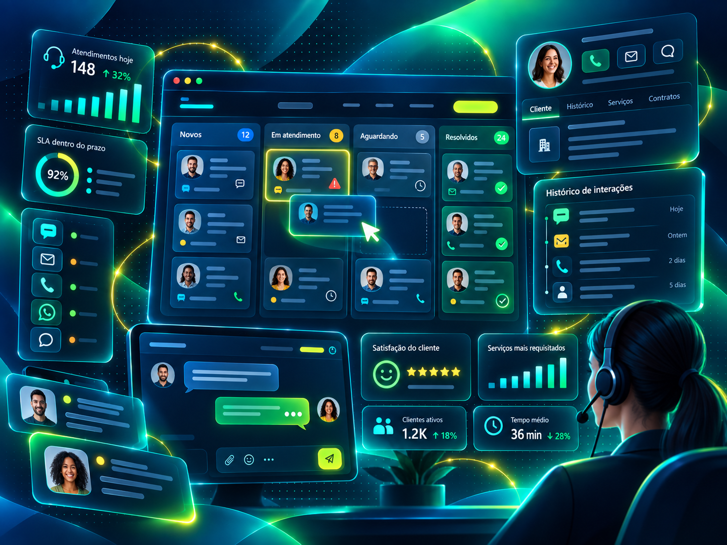 Painel de atendimento e CRM com chamados, clientes, SLA e histórico de interações